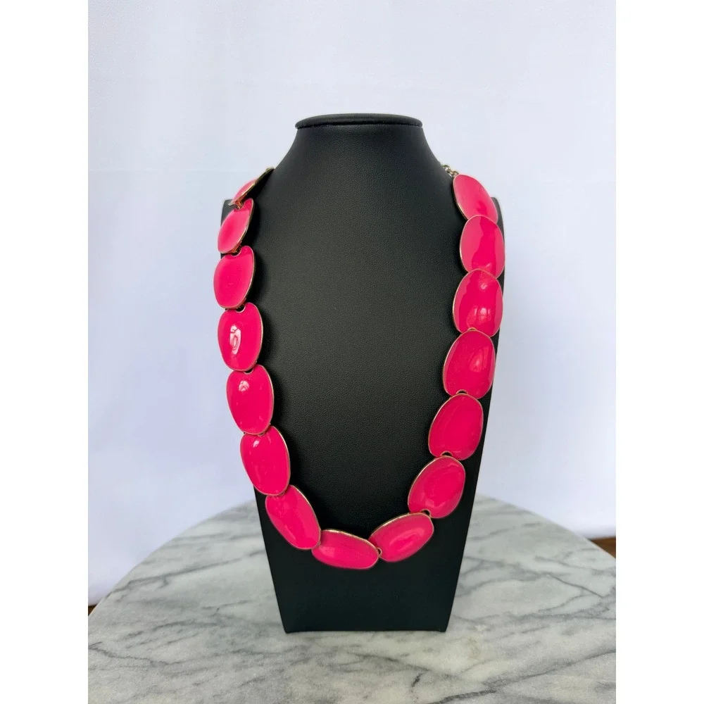 Talbots Hot Pink Fuchsia Enamel Petal Statement Necklace Gold Tone Adjustable